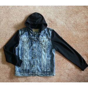 Carbon Mens XL Denim Jacket Hoodie Black Sleeves Blue Jean Hooded Button Front